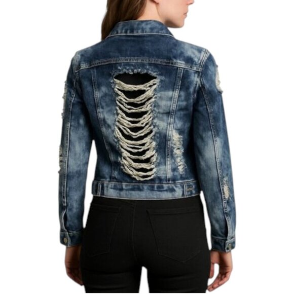 DAZI Distressed Denim Jacket L Ripped Grunge Acid Wash Trucker - Picture 1 of 15